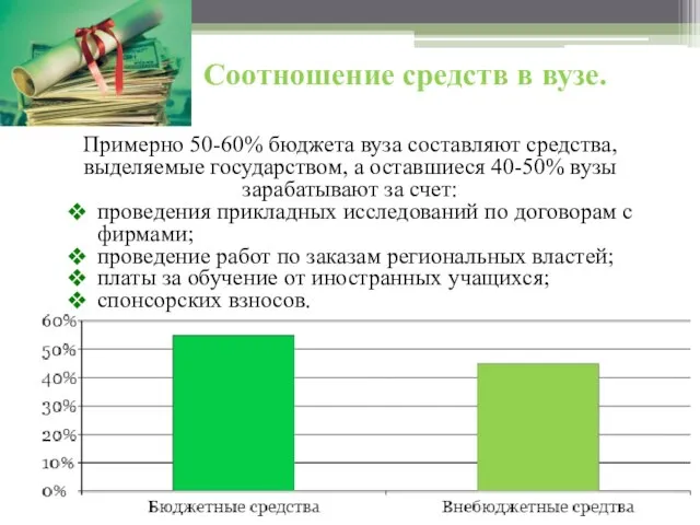 Соотношение средств в вузе. Примерно 50-60% бюджета вуза составляют средства, выделяемые государством,