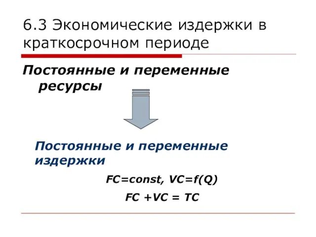 6.3 Экономические издержки в краткосрочном периоде Постоянные и переменные ресурсы Постоянные и