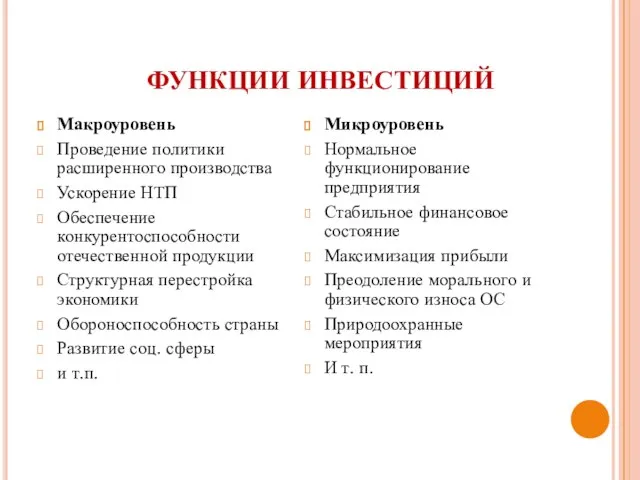 ФУНКЦИИ ИНВЕСТИЦИЙ Макроуровень Проведение политики расширенного производства Ускорение НТП Обеспечение конкурентоспособности отечественной