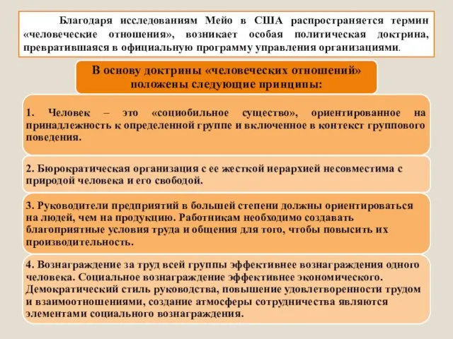 Благодаря исследованиям Мейо в США распространяется термин «человеческие отношения», возникает особая политическая