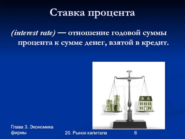 Глава 3. Экономика фирмы 20. Рынок капитала Ставка процента (interest rate) —