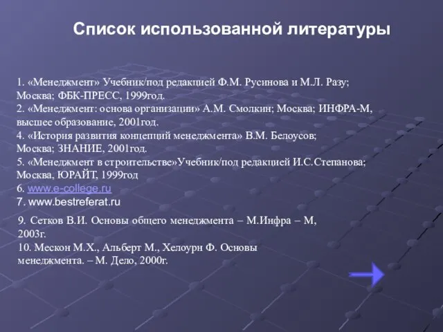 Список использованной литературы 1. «Менеджмент» Учебник/под редакцией Ф.М. Русинова и М.Л. Разу;