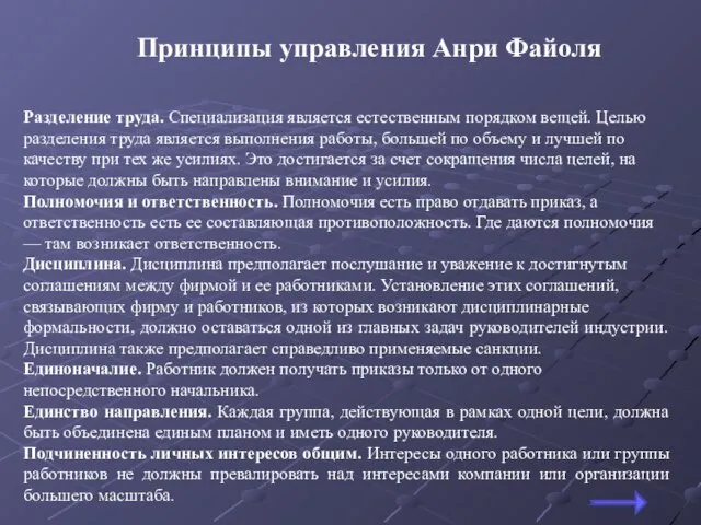 Принципы управления Анри Файоля Разделение труда. Специализация является естественным порядком вещей. Целью