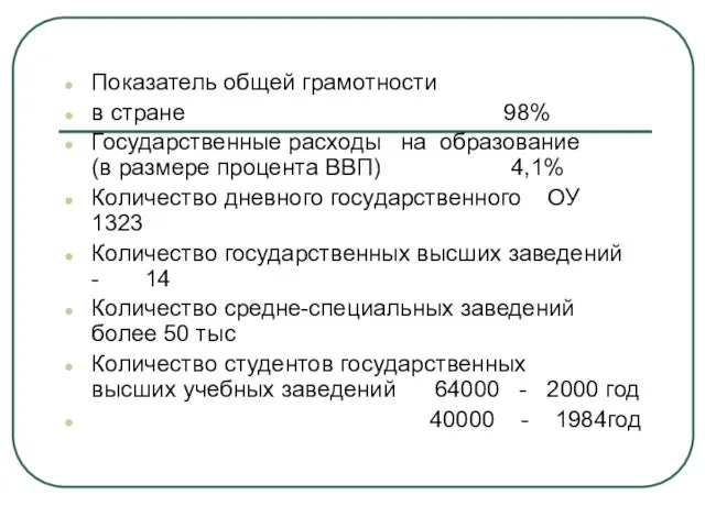 Показатель общей грамотности в стране 98% Государственные расходы на образование (в размере