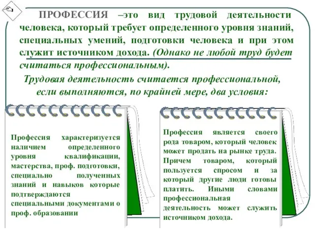 ПРОФЕССИЯ –это вид трудовой деятельности человека, который требует определенного уровня знаний, специальных