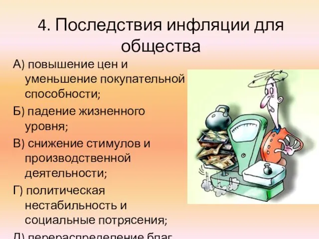 4. Последствия инфляции для общества А) повышение цен и уменьшение покупательной способности;