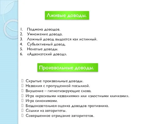 Лживые доводы. Подмена доводов. Умножение довода. Ложный довод выдается как истинный. Субъективный