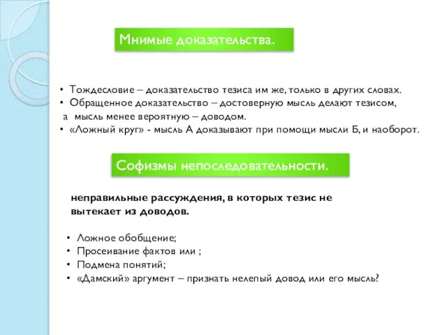 Мнимые доказательства. Тождесловие – доказательство тезиса им же, только в других словах.