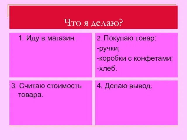 Что я делаю? 1. Иду в магазин. 2. Покупаю товар: -ручки; -коробки