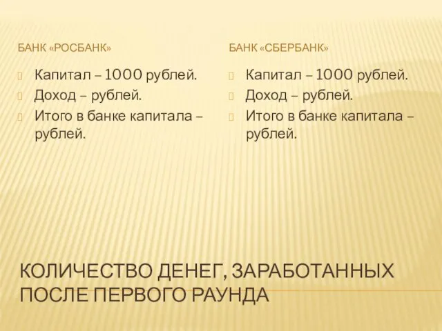 КОЛИЧЕСТВО ДЕНЕГ, ЗАРАБОТАННЫХ ПОСЛЕ ПЕРВОГО РАУНДА БАНК «РОСБАНК» БАНК «СБЕРБАНК» Капитал –