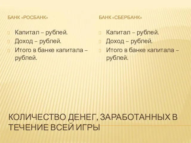 КОЛИЧЕСТВО ДЕНЕГ, ЗАРАБОТАННЫХ В ТЕЧЕНИЕ ВСЕЙ ИГРЫ БАНК «РОСБАНК» БАНК «СБЕРБАНК» Капитал