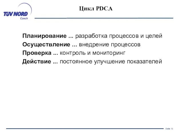 Цикл PDCA Планирование ... разработка процессов и целей Осуществление ... внедрение процессов