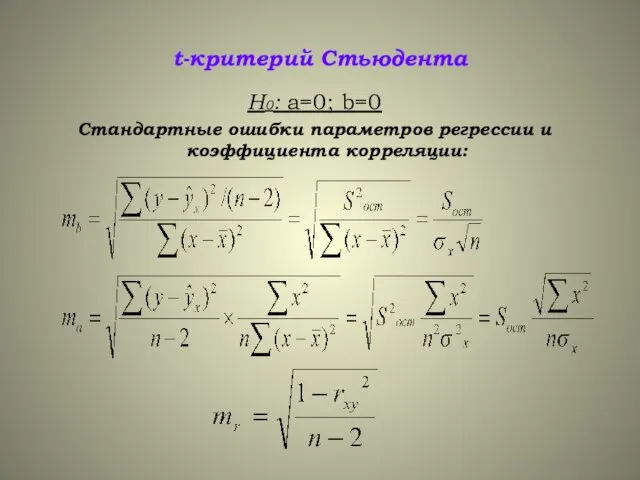 t-критерий Стьюдента Н0: а=0; b=0 Стандартные ошибки параметров регрессии и коэффициента корреляции: