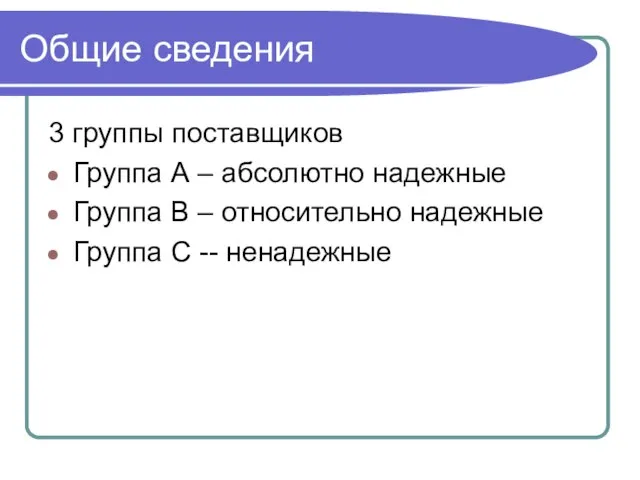 Общие сведения 3 группы поставщиков Группа А – абсолютно надежные Группа В