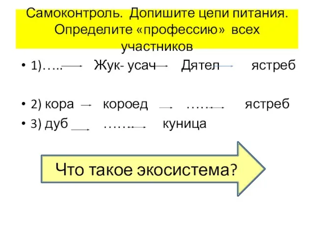 Самоконтроль. Допишите цепи питания. Определите «профессию» всех участников 1)….. Жук- усач Дятел