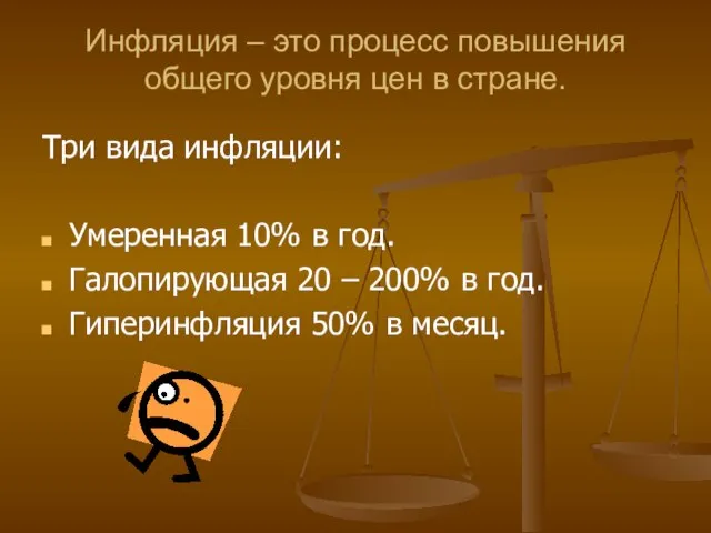 Инфляция – это процесс повышения общего уровня цен в стране. Три вида