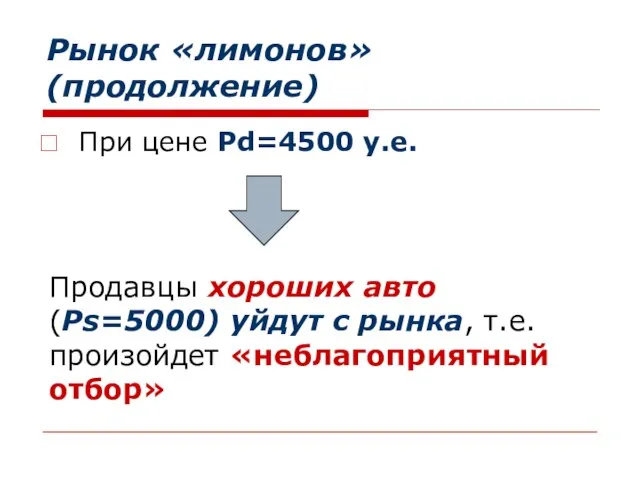 Рынок «лимонов»(продолжение) При цене Pd=4500 у.е. Продавцы хороших авто (Ps=5000) уйдут с