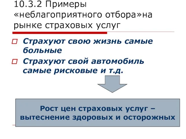 10.3.2 Примеры «неблагоприятного отбора»на рынке страховых услуг Страхуют свою жизнь самые больные