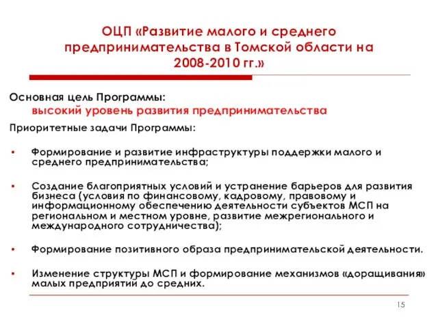 ОЦП «Развитие малого и среднего предпринимательства в Томской области на 2008-2010 гг.»