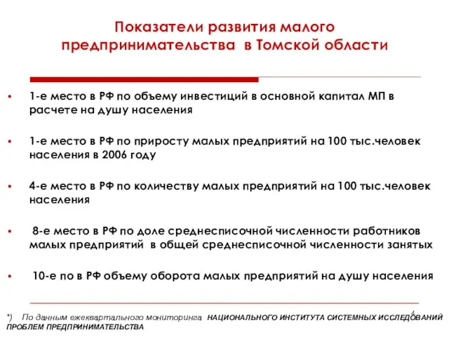 Показатели развития малого предпринимательства в Томской области 1-е место в РФ по