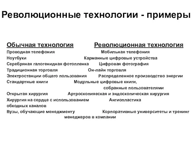 Революционные технологии - примеры Обычная технология Революционная технология Проводная телефония Мобильная телефония