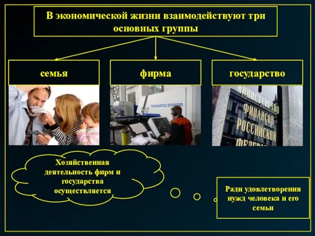 В экономической жизни взаимодействуют три основных группы семья фирма государство Хозяйственная деятельность