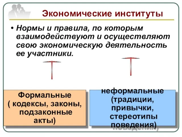 Экономические институты Нормы и правила, по которым взаимодействуют и осуществляют свою экономическую