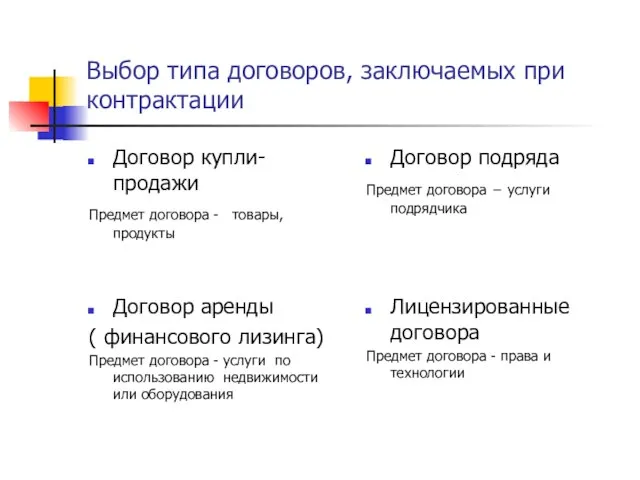 Выбор типа договоров, заключаемых при контрактации Договор купли-продажи Предмет договора - товары,