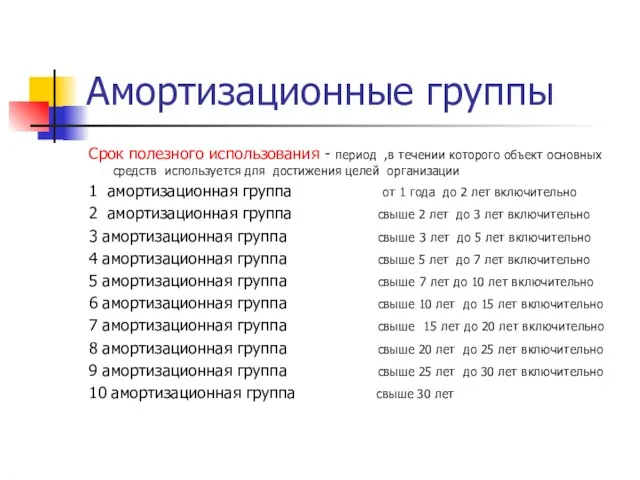 Амортизационные группы Срок полезного использования - период ,в течении которого объект основных