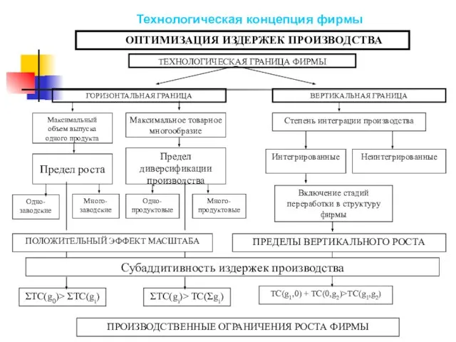 ПРОИЗВОДСТВЕННЫЕ ОГРАНИЧЕНИЯ РОСТА ФИРМЫ ГОРИЗОНТАЛЬНАЯ ГРАНИЦА Максимальный объем выпуска одного продукта Предел