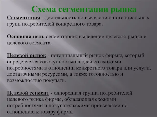 Схема сегментации рынка Сегментация - деятельность по выявлению потенциальных групп потребителей конкретного