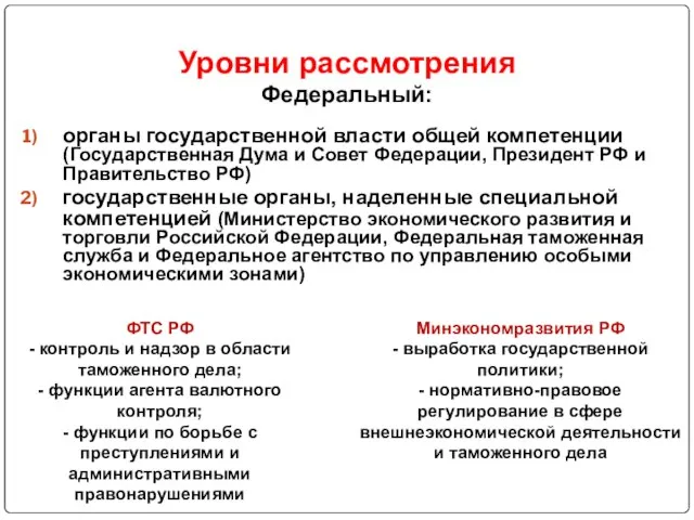 Уровни рассмотрения Федеральный: органы государственной власти общей компетенции (Государственная Дума и Совет