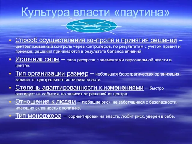 Культура власти «паутина» Способ осуществления контроля и принятия решений – централизованный контроль