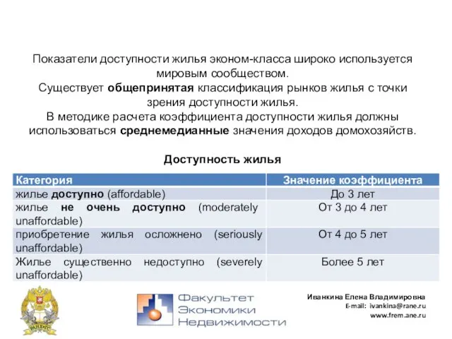 Иванкина Елена Владимировна E-mail: ivankina@rane.ru www.frem.ane.ru Показатели доступности жилья эконом-класса широко используется