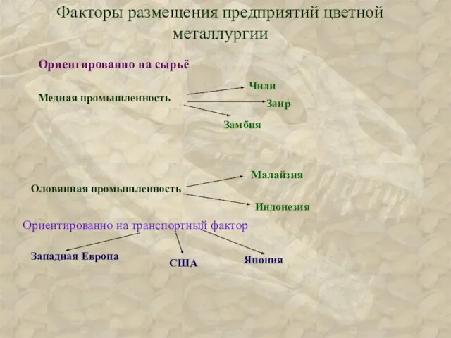 Факторы размещения предприятий цветной металлургии Ориентированно на сырьё Ориентированно на транспортный фактор Западная Европа США Япония