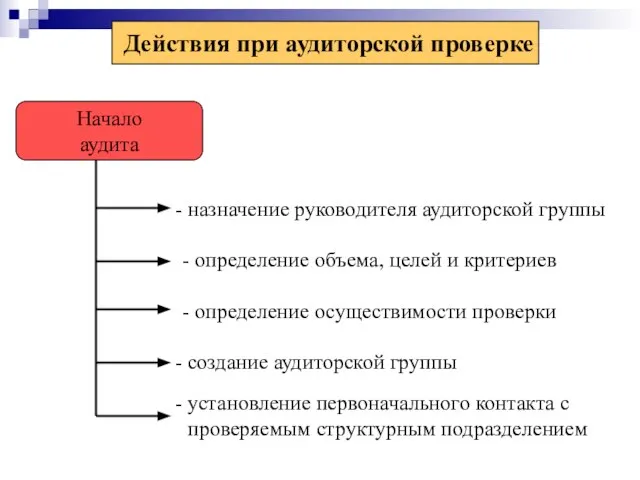 Действия при аудиторской проверке Начало аудита назначение руководителя аудиторской группы - определение