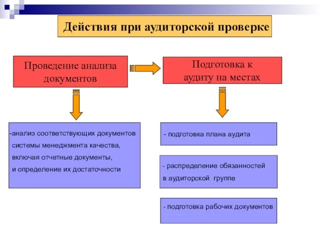 Действия при аудиторской проверке Проведение анализа документов Подготовка к аудиту на местах