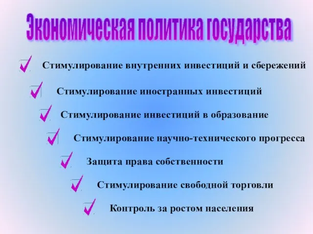 Экономическая политика государства Стимулирование внутренних инвестиций и сбережений Стимулирование иностранных инвестиций Стимулирование