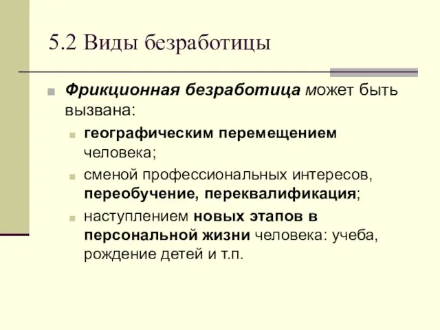 5.2 Виды безработицы Фрикционная безработица может быть вызвана: географическим перемещением человека; сменой