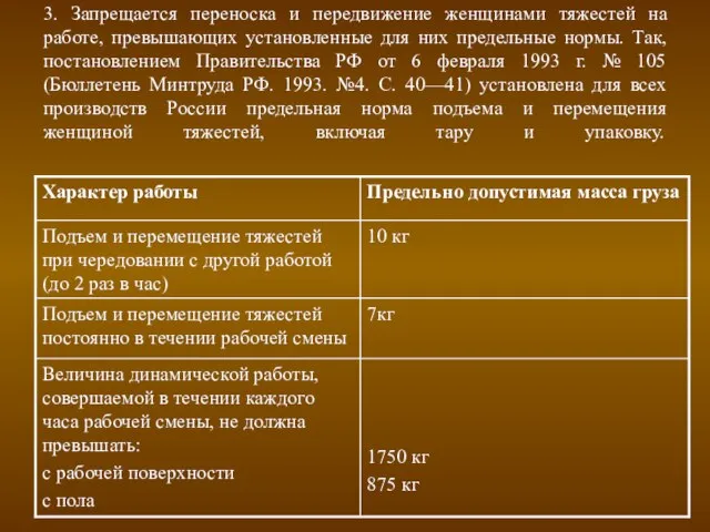 3. Запрещается переноска и передвижение женщинами тяжестей на работе, превышающих установленные для