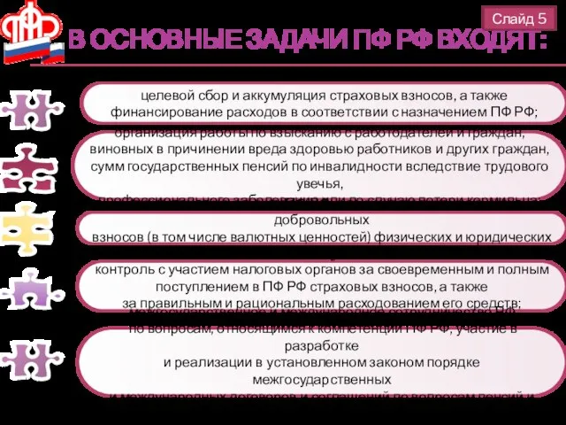 В В основные задачи ПФ РФ входят: Слайд 5 целевой сбор и