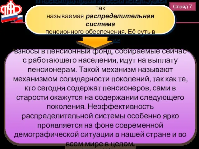 Слайд 7 В настоящее время в России используется так называемая распределительная система