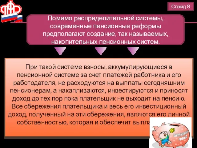 Слайд 8 Помимо распределительной системы, современные пенсионные реформы предполагают создание, так называемых,