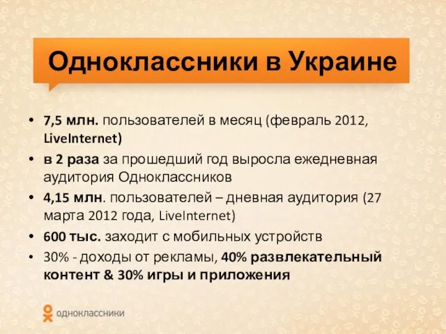 Одноклассники в Украине 7,5 млн. пользователей в месяц (февраль 2012, LiveInternet) в