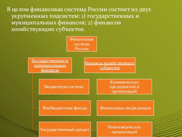 В целом финансовая система России состоит из двух укрупненных подсистем: 1) государственных