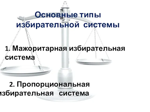 Основные типы избирательной системы 1. Мажоритарная избирательная система 2. Пропорциональная избирательная система