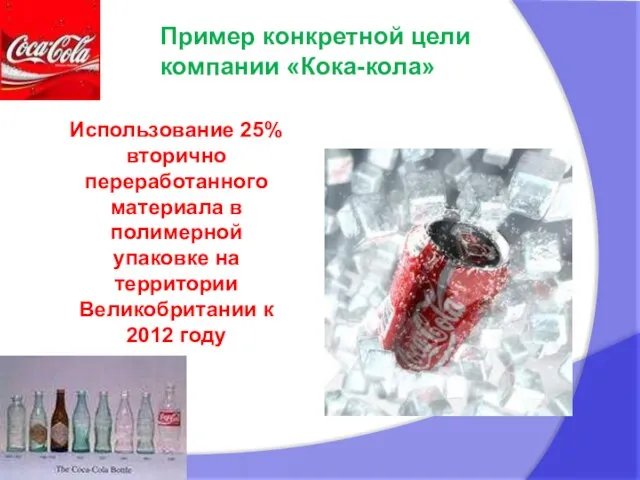 Пример конкретной цели компании «Кока-кола» Использование 25% вторично переработанного материала в полимерной