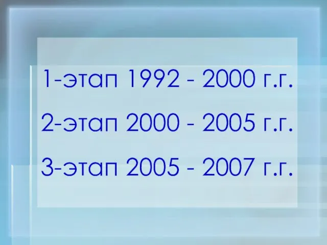 1-этап 1992 - 2000 г.г. 2-этап 2000 - 2005 г.г. 3-этап 2005 - 2007 г.г.