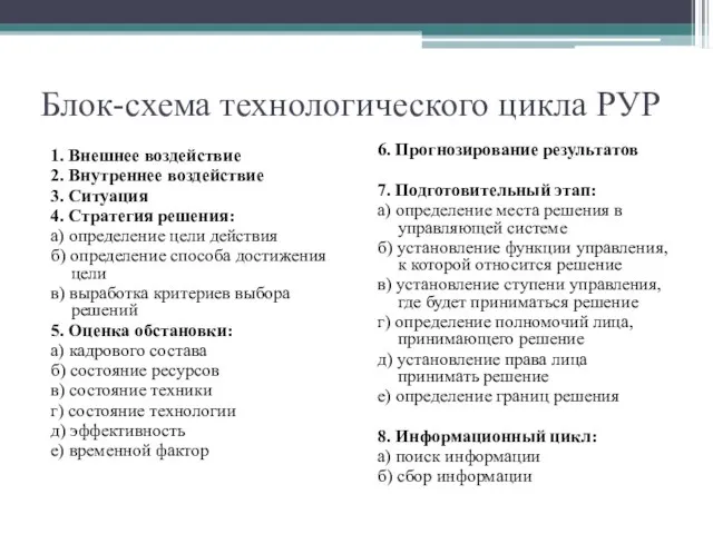 Блок-схема технологического цикла РУР 1. Внешнее воздействие 2. Внутреннее воздействие 3. Ситуация