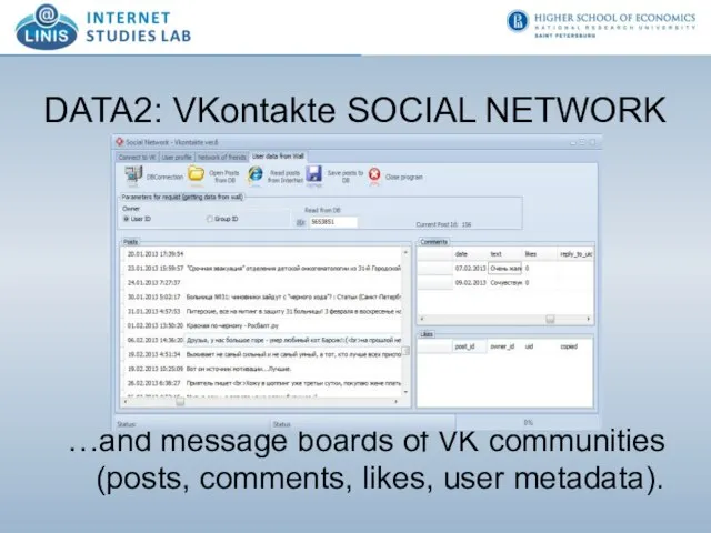 DATA2: VKontakte SOCIAL NETWORK …and message boards of VK communities (posts, comments, likes, user metadata).